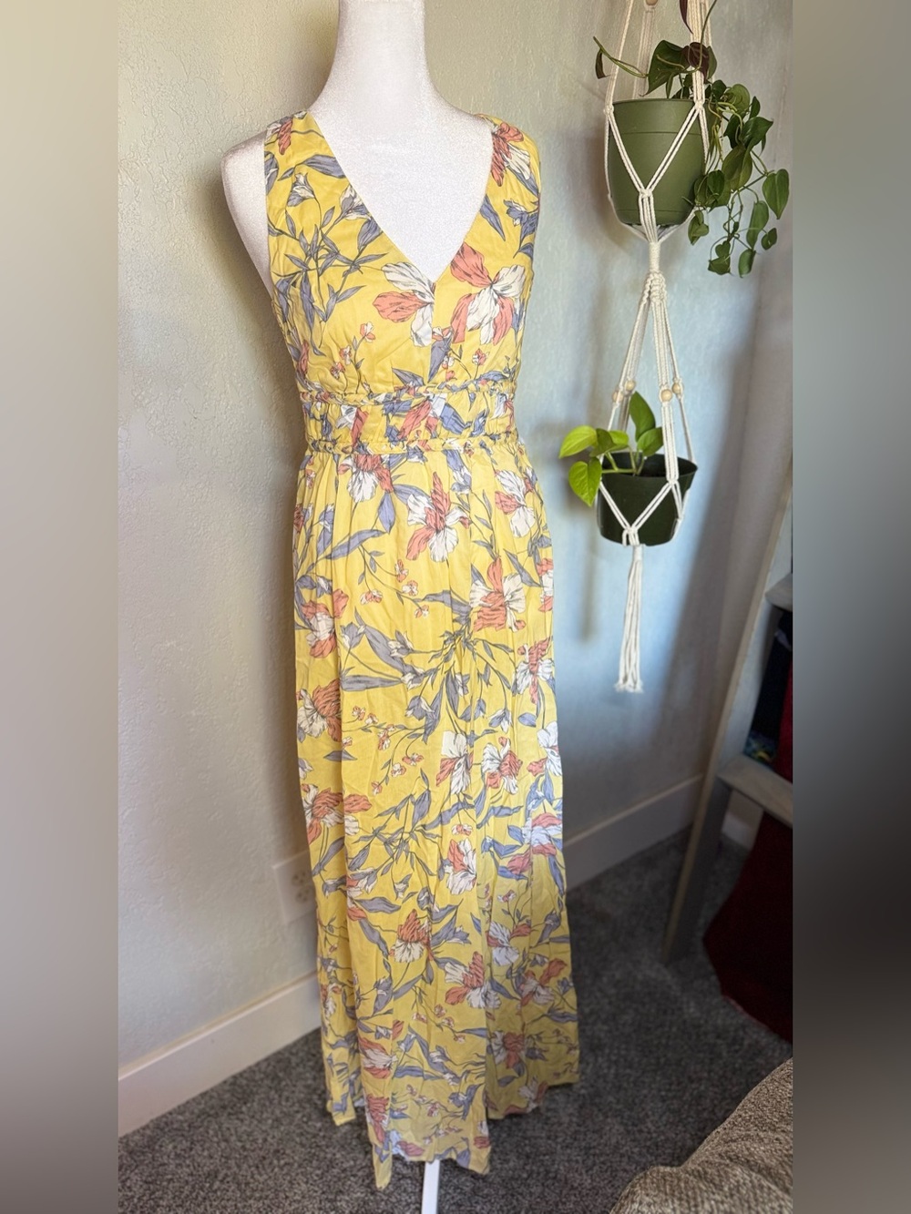 Yellow Floral Maxi Dress - Sleeveless V-Neck